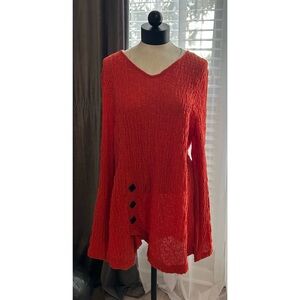 Ali Miles Tunic Top Sz XL Orange Red Poppy Puckered Knit Hem Tab Sleeve Buttons